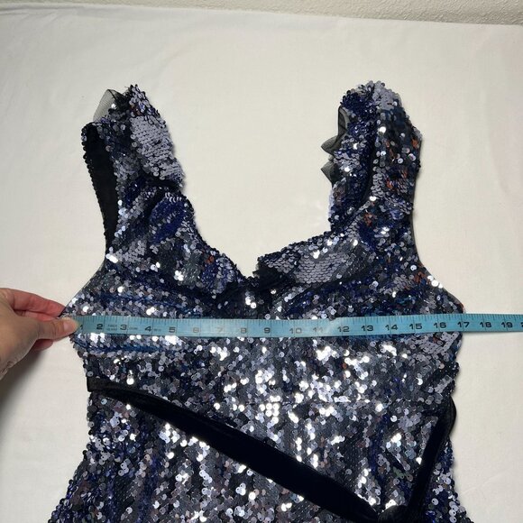 Free People Siren Sequin Mini Dress Purple Silver Ruffle Velvet Trim Party Sz 6 - Picture 9 of 16